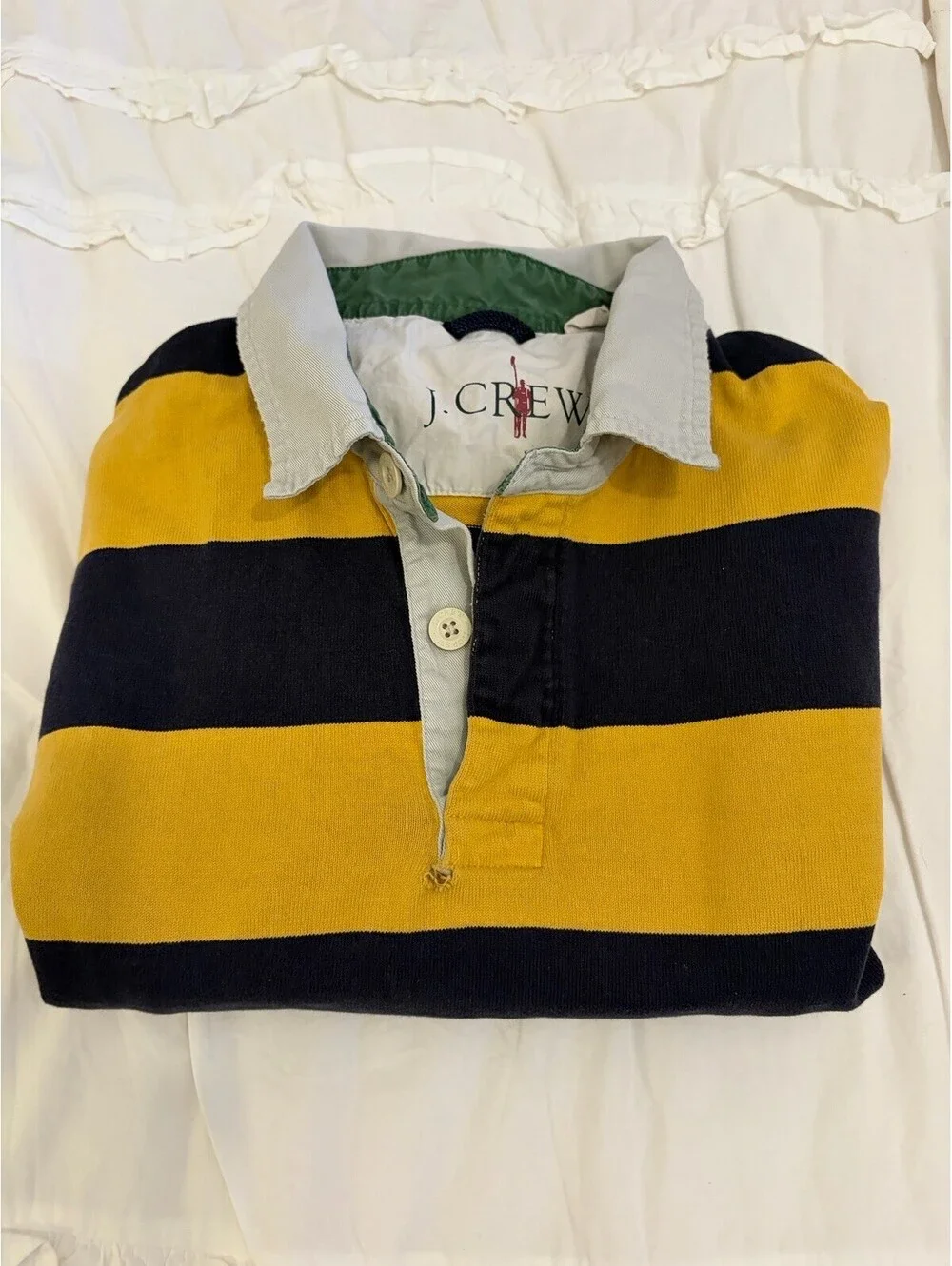Vintage 90s J Crew Rugby Shirt Men's XLT Blue Yellow Striped Faded Well Worn